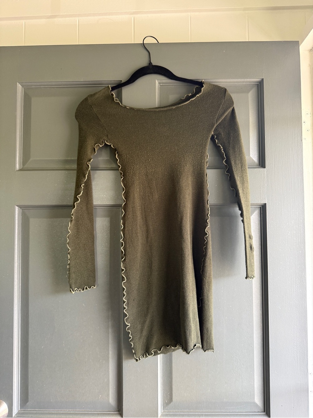 Indah Olive Green Long Sleeve Lettuce-Edge Dress